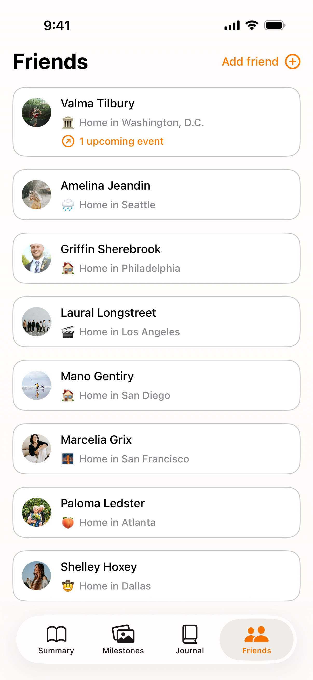 Manyfest Friends on iPhone showing a demo friends list with home cities and an upcoming event indicator.