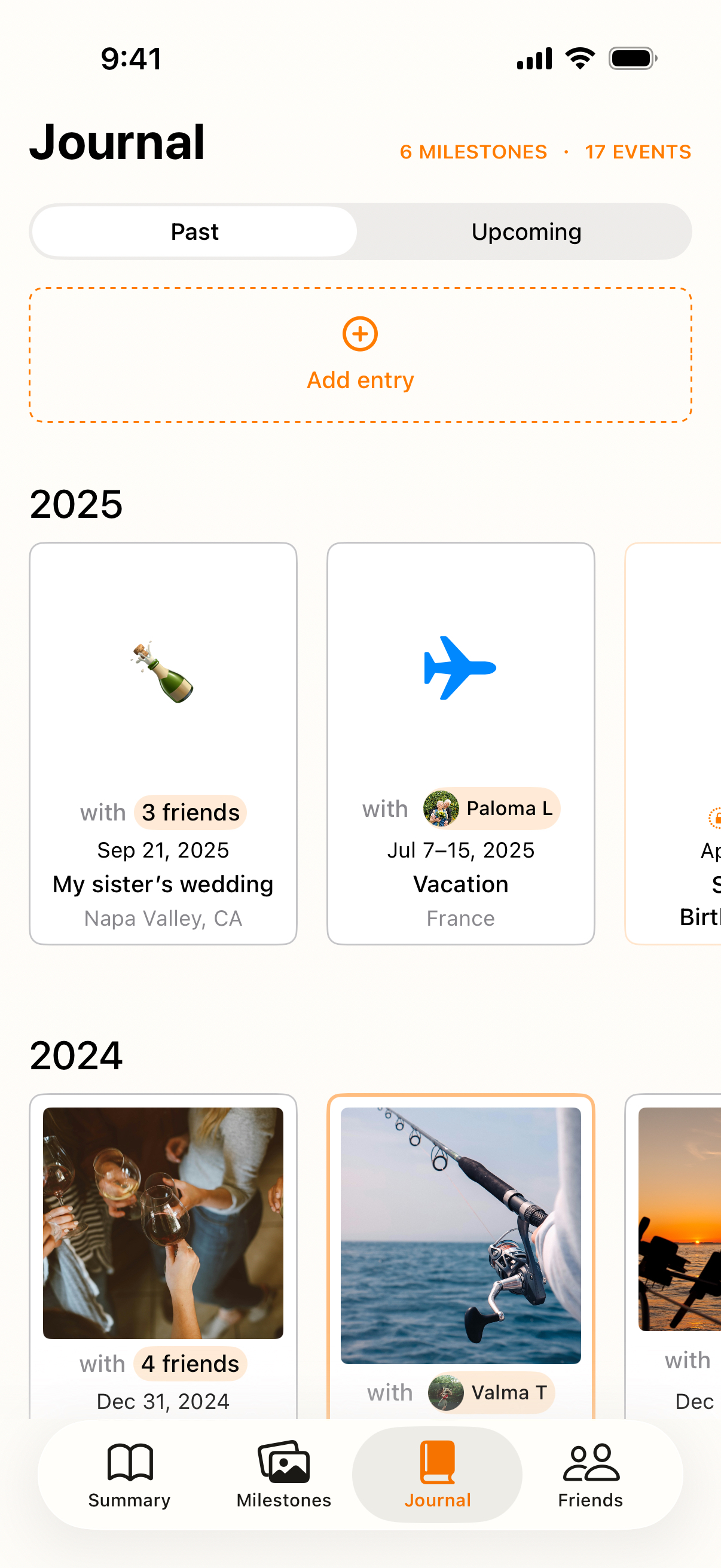 Manyfest Journal on iPhone showing Past and Upcoming tabs and a timeline of demo entries, including a wedding, a vacation, and a New Year's celebration.