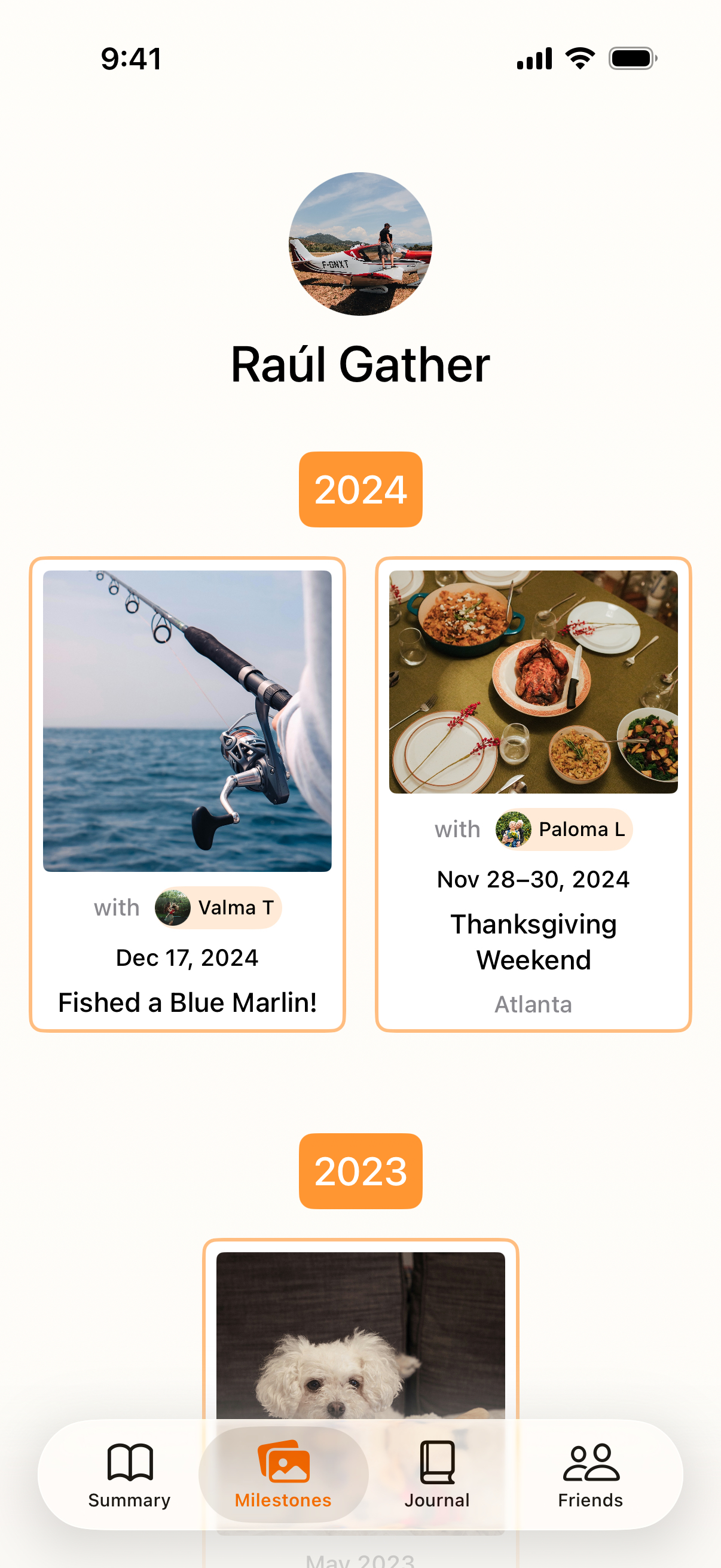 Manyfest Milestones on iPhone, with a demo profile and a gallery of starred fishing, Thanksgiving, and family memories grouped by year.